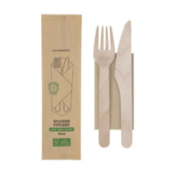 Mediniai vienkartiniai įrankiai (šakutė; peilis; servetėlė).