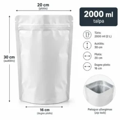 Baltas plastikinis Doypack maišelis aliuminio vidumi 2000ml
